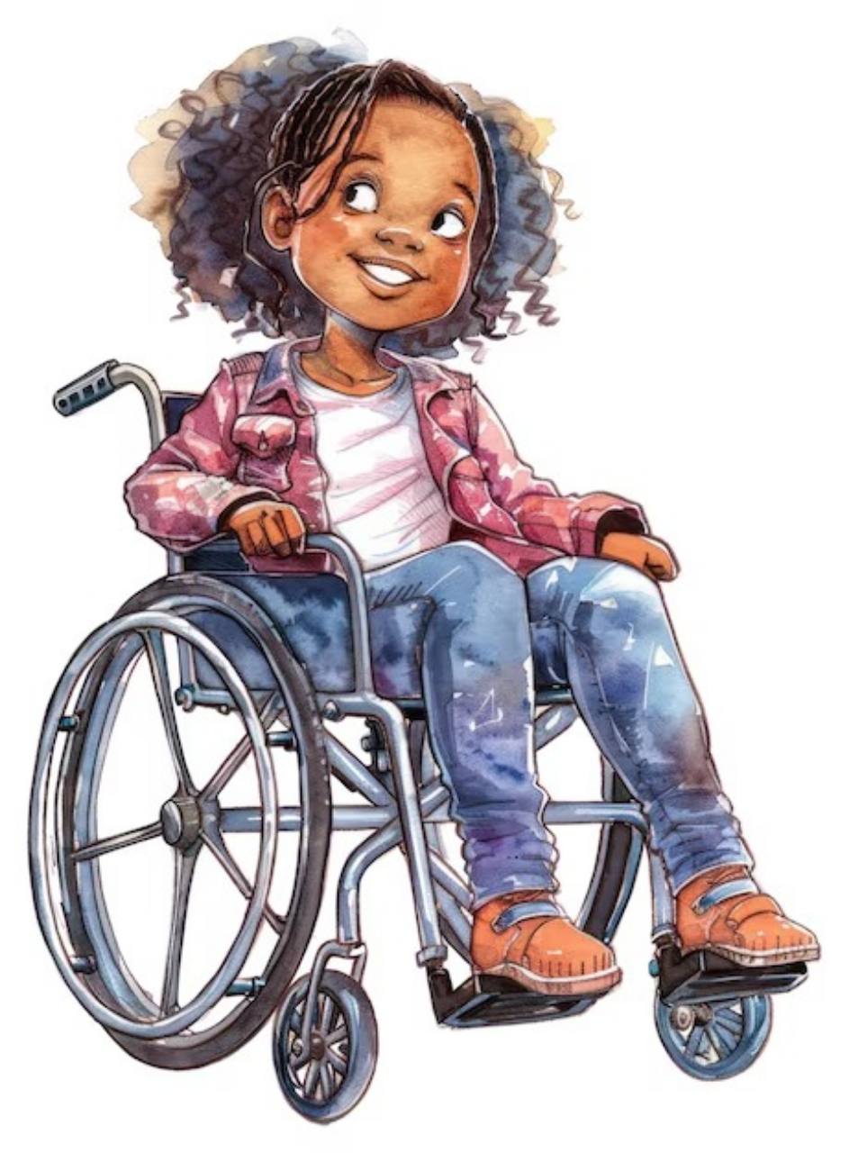 Ilustração de uma menina negra sorrindo e usando cadeira de rodas.